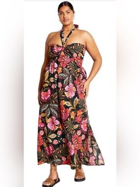 City Chic Strapless Floral Maxi Dress in Black, Pink and Coral